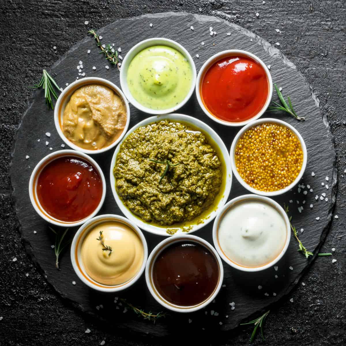 dishes in a circle with different types of sauces