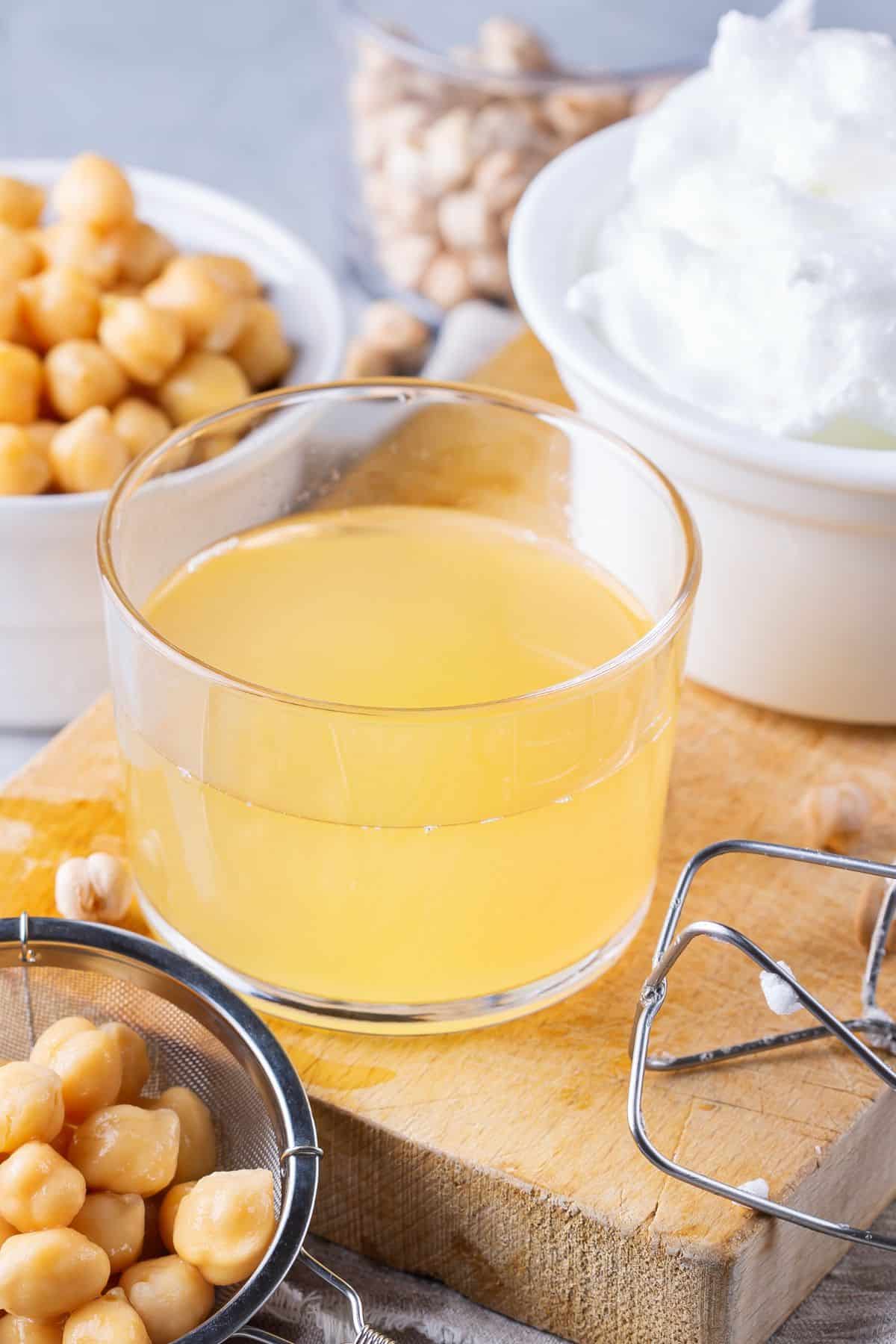 A dish of aquafaba and chickpeas.