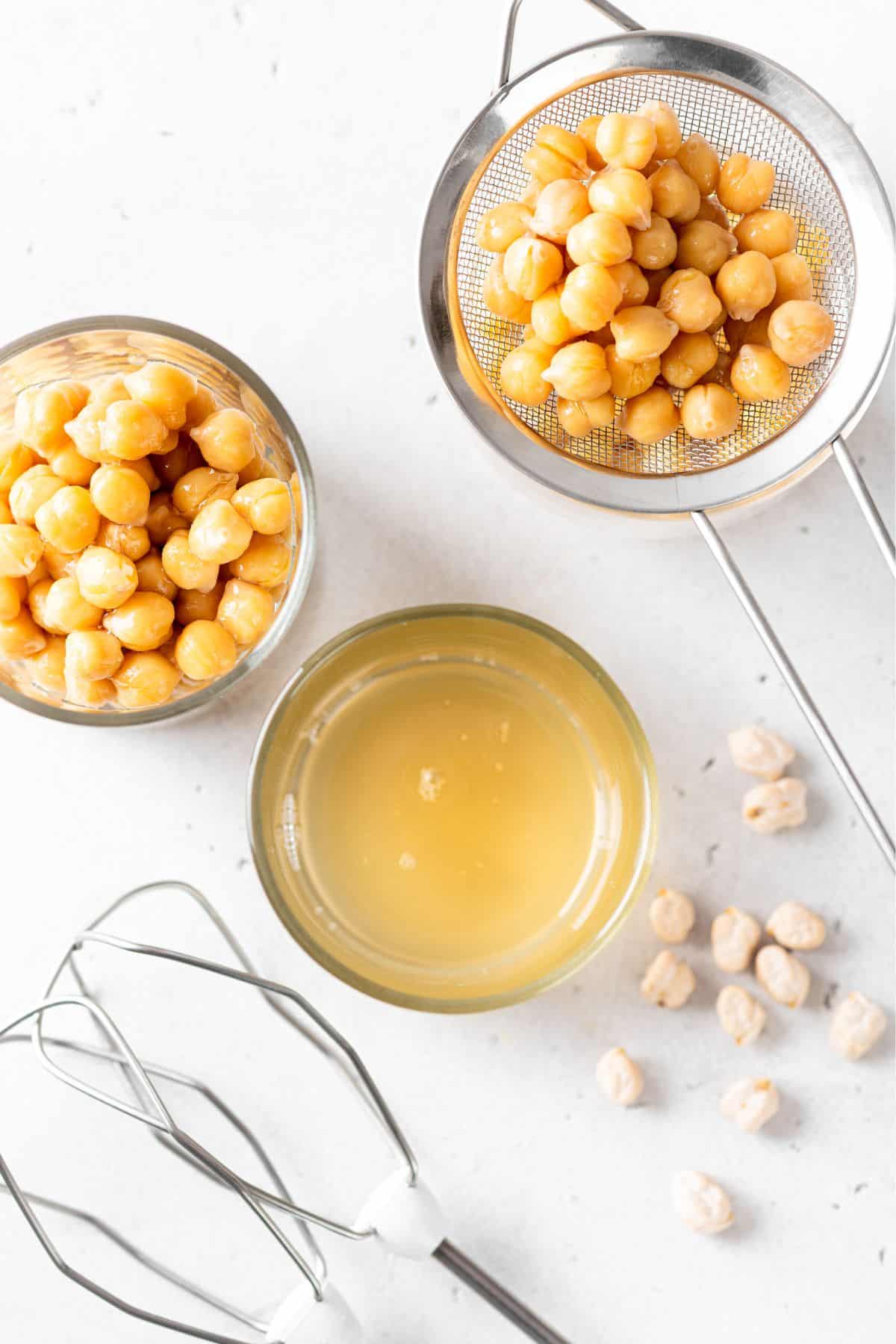 A dish of aquafaba and chickpeas.